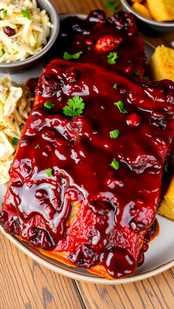 Delicious barbecue ribs on a plate with coleslaw and cornbread, garnished with parsley.